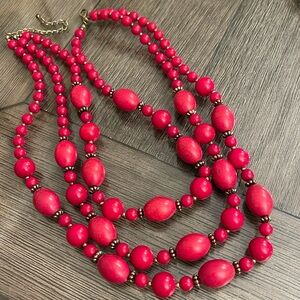 Vintage Style Red Three Strand Acrylic & Stone Necklace
